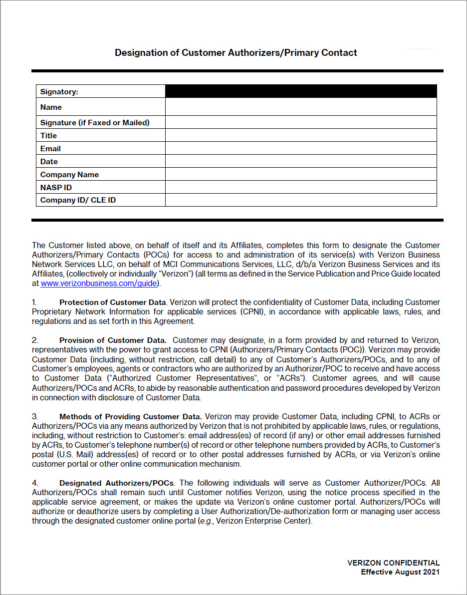 Primary Contact CPNI form